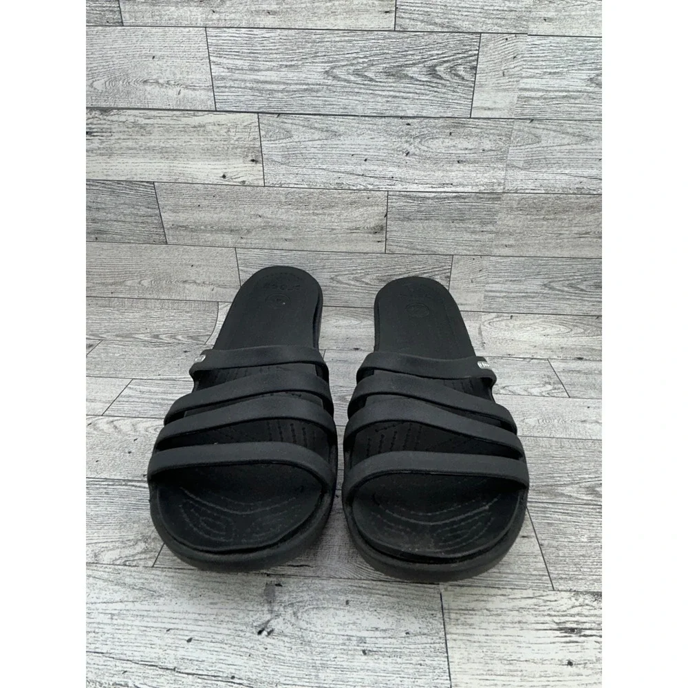 Crocs Women's‎ Rhonda Black Multi Strap Wedge Sandals Slides Comfort Size 11